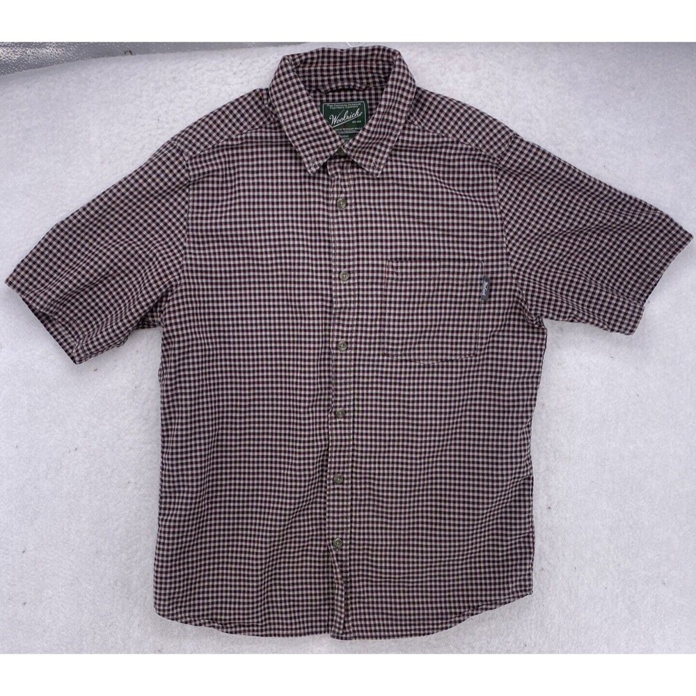 Woolrich Mens Medium Gingham Plaid Short Sleeve Button Up Cotton Shirt Red Black